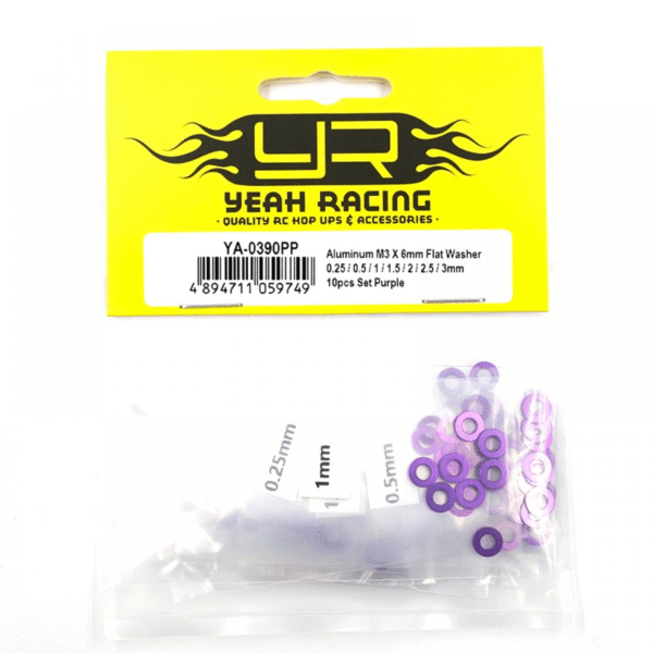 YA-0390PP Yeah Racing Aluminum M3 X 6mm Flat Washer 0.25 / 0.5 / 1 / 1.5 / 2 / 2.5 / 3mm 10pcs Set Purple
